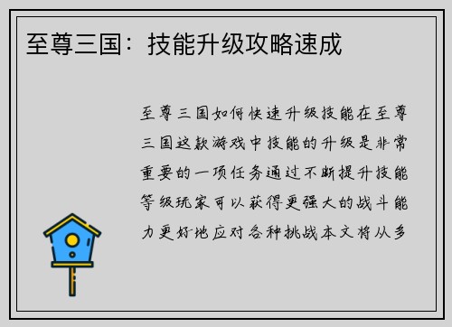 至尊三国：技能升级攻略速成
